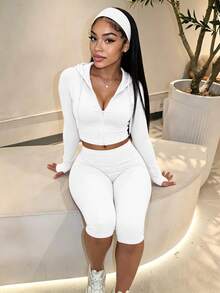 LovelyWholesale Women's Casual Hooded Solid Color Sheer Long Sleeve Top + Slim Fit Capri Pants 2 Pieces Set, Summer Elegant Outfit - White - View 2