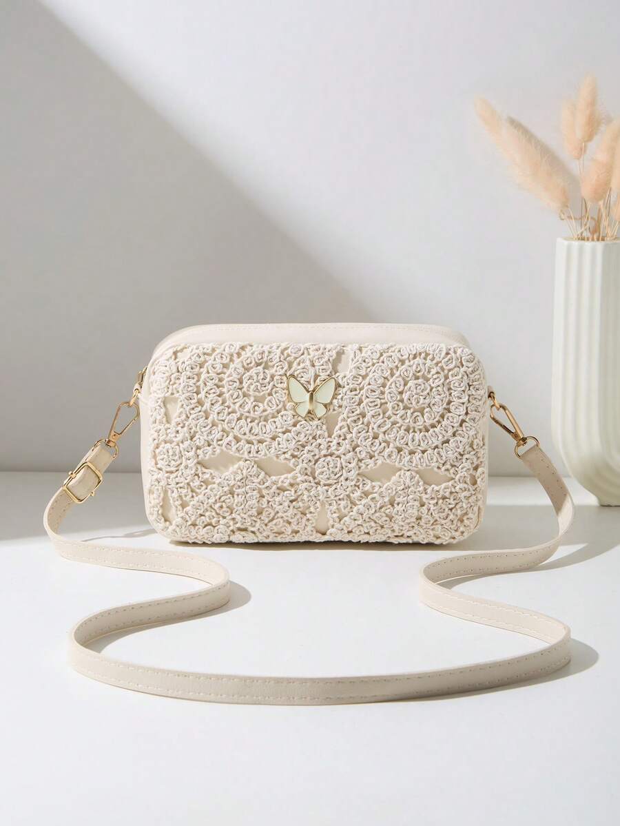 Mini Beach Bag, Butterfly Decor Coin Purse And Shoulder Bag, Women's New Multifunctional Small Shoulder Bag, Cute Square Bag, Suitable For Spring/Summer Beach - Apricot - View 1