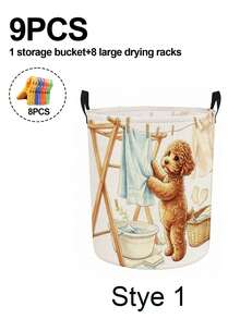 Watercolor Teddy Dog Pattern Design Foldable Laundry Basket With Laundry Clips, Breathable Fabric Dirty Clothes Bin, Bathroom Bedroom Storage Box, Miscellaneous Storage Basket, Suitable For Bathroom Bedroom Living Room, Home Gift - Multicolor - View 16