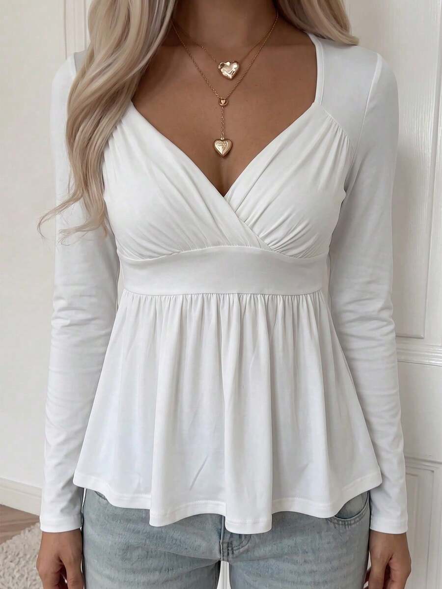 Women's White Y2K Long Sleeve T-Shirt With Ruched Design, Suitable For Back To School Streetwear, Commuting And Casual Home Wear, Autumn - White - View 1