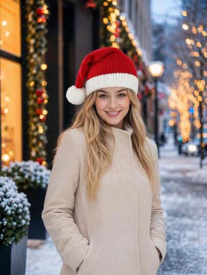 1pc Red And White Contrast Knit Christmas Hat, Classic Santa Claus Style, Ribbed Knit Texture, Long Tail With Fluffy Pom Pom, Full Of Holiday Atmosphere, Warm And Cozy For Winter, Fits Head Shape, Suitable For Christmas Theme Parties, Holiday Gatherings, Photo-Worthy, Unisex, Both A Holiday Accessory And A Christmas Gift, Women's Hat, Christmas, Knitted Hat