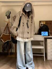 Vintage Hooded Horn Button Cable Knit Cardigan Women Autumn/Winter Loose Sweater Jacket - Khaki - View 7