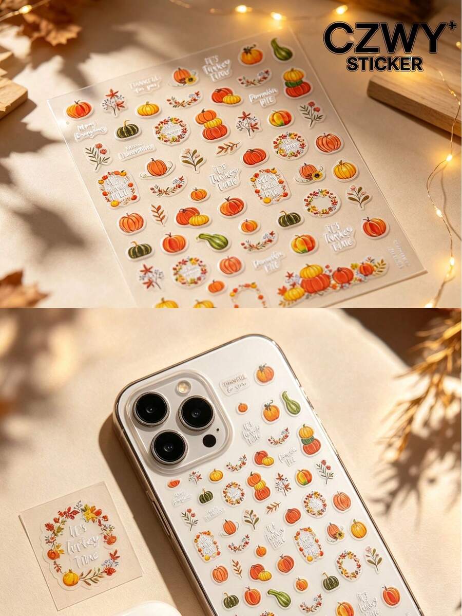 1pc Autumn Pumpkin Floral Leaf Pattern Decorative Sticker, Wreath & Text Element Combination, Comes With Tweezers, Vintage Autumn Vibe Decorative Patch, Suitable For IPad, Phone, Laptop, Earphones And More - Pumpkin Style - View 1