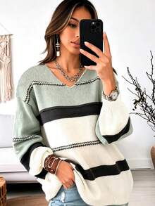 Spring Autumn Winter European American Style Elegant Striped Women's Knit Sweater Fashion Casual Commute Long Sleeve V-Neck Plus Size Pullover - Multicolor - View 4