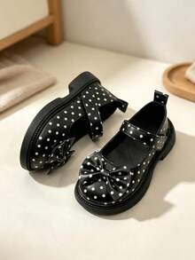 1 Pair Girls Sweet Bow & Pearl Embellished Matte PU Fabric Round Toe Low Vamp Hook & Loop Strap Low Heel French Style Children Leather Shoes Suitable For Spring Summer Vacation, Party Occasions - Black - View 6