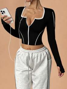 1pc Women's Seamless Small Round Neck Front Zipper Contrast Line Thumb Hole Running Fitness Workout Yoga Outdoor Sports Jacket - Black and White - View 4