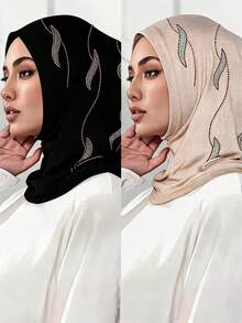 2pcs/Set Women's Fashionable Exquisite Muslim Hijab Headscarf, Silky Cotton Super Soft Fabric, Rhinestone Craft, Middle Eastern Home Fashion Headscarf - 2-pack Mercerized Cotton Rhinestone Headband, Multi-color - View 6