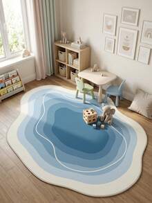 1PC Cream, Light Blue, Dark Blue Multi-Layer Wave Pattern Modern Minimalist Art Rug, Fresh Minimalist Style Faux Cashmere Asymmetrical Wave Asymmetrical Concentric Gradient Blue & White Ripples With Fine Edge Detail, Machine Washable Area Rug, Suitable For Living Room, Bedroom, Balcony, All Seasons, Aesthetic Home Decor - Multicolor - View 4