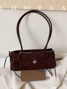 low tea 1pc Fashion Square Baguette Suede Fabric Shoulder Bag, Suitable For Commuting, Shopping And More - Coffee - View 4