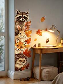 Cute Autumn Forest Animals Vertical Wall Decal, Raccoon Rabbit Fox Hedgehog Autumn Leaves Pine Cone Creative Fun Pattern Wall Sticker Decor For Nursery, Kids Room, Classroom, Bedroom, Living Room Wall, Easy To Apply And Remove High Quality No Glue Adhesive Film, Fall Autumn Atmosphere Decor Sticker - Multicolor - View 9