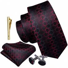 4-Piece Men's Wedding Banquet Tie Set, Black With Red And Blue Hexagon Pattern, Includes Pocket Square, Cufflinks, Gold Tie Clip, Suit Accessory - Multicolor - View 2