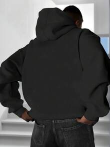 Autumn/Winter New Hooded Sweatshirt Solid Color Minimalist Casual Thermal Lined Dark Gray Hoodie For Men - Black - View 3