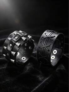 2pcs Punk Style Sports Casual Geometric Design Bracelets, Suitable For Men's Party, Sports, Fashion Wear, Exquisite Bracelet Gift For Men - Black - View 1