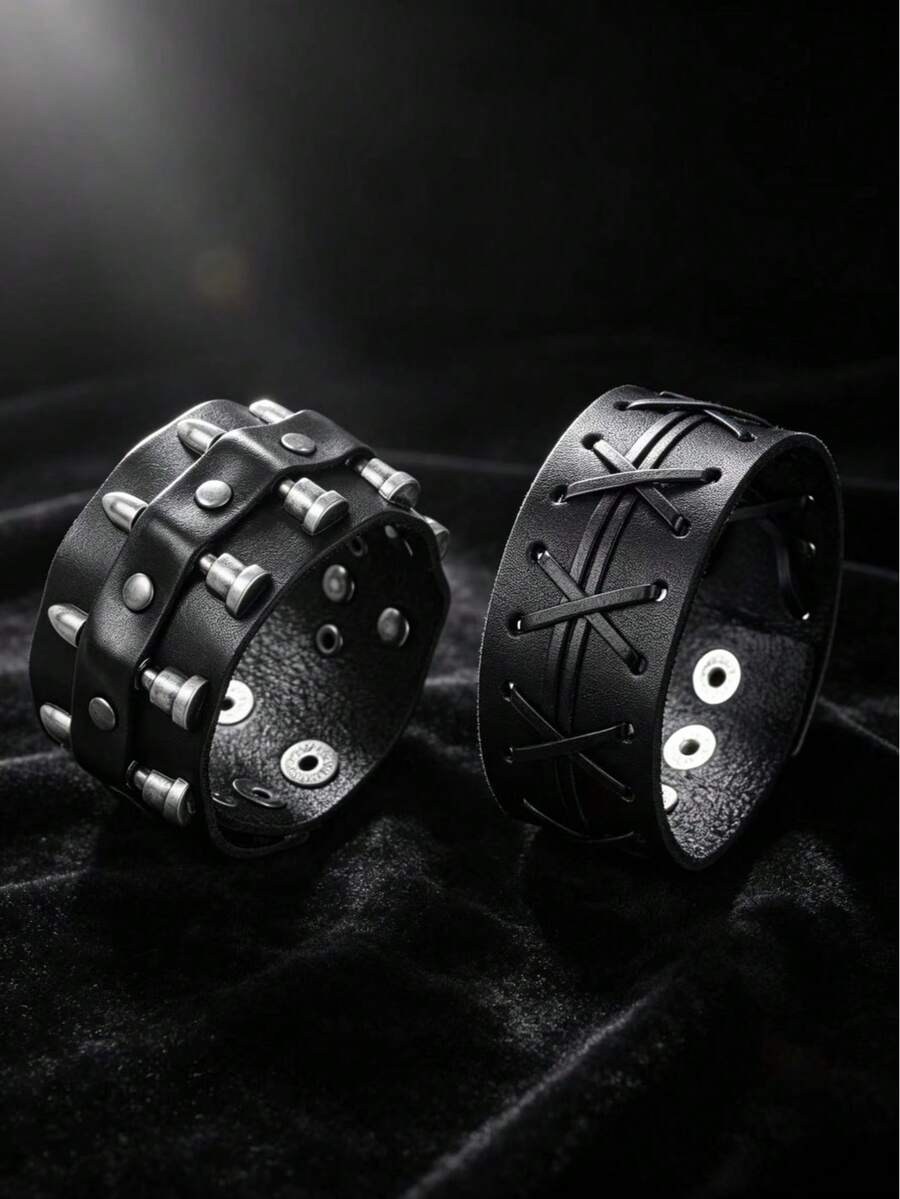 2pcs Punk Style Sports Casual Geometric Design Bracelets, Suitable For Men's Party, Sports, Fashion Wear, Exquisite Bracelet Gift For Men - Black - View 1