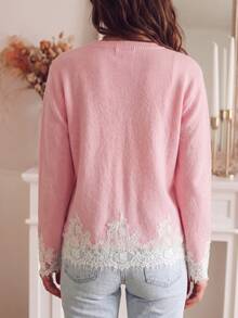 Plus Size Women's Contrast Lace Hem Round Neck Long Sleeve Sweater - Pink - View 3