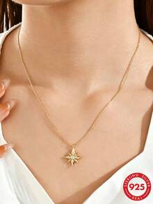1 pieza Collar con colgante de estrella octagonal de aleación de cobre con strass, accesorio de cadena para la clavícula simple y elegante para uso diario y desplazamientos - Estrella de ocho puntas - Ver 1