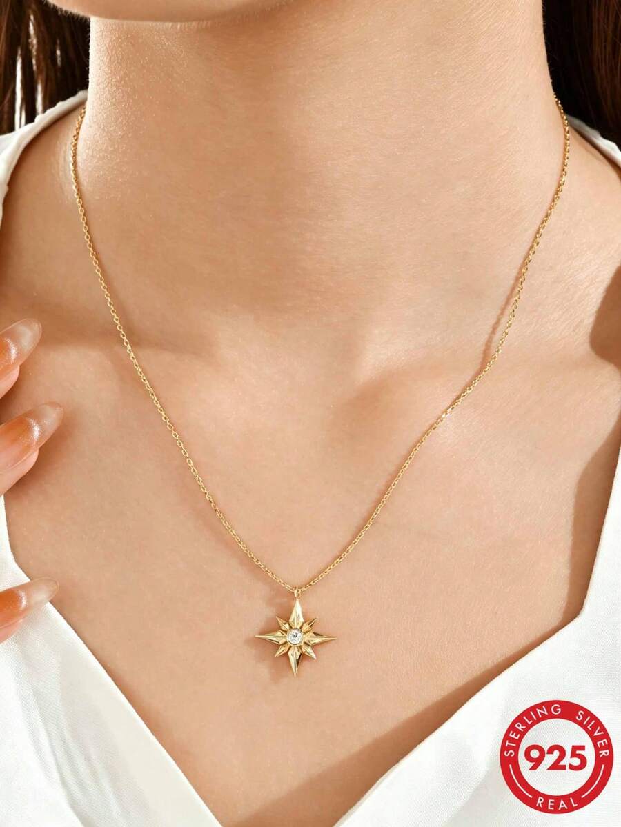 1 pieza Collar con colgante de estrella octagonal de aleación de cobre con strass, accesorio de cadena para la clavícula simple y elegante para uso diario y desplazamientos - Estrella de ocho puntas - Ver 1