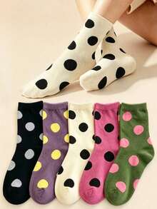 5 Pairs Women's Multi-Color Polka Dot Print Soft Elastic Mid-Calf Socks, All-Season Wear, Daily Outfit, Holiday Gift Socks - Multicolor - View 7