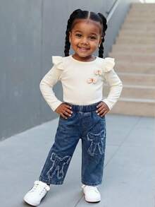 Baby Girl Bohemian Style 2-Piece Set: Sweet 3D Bow Waffle Knit Ruffle Trim Long Sleeve Top + Bow Patch Denim Straight Leg Pants Spring/Autumn Outfit - Apricot - View 2