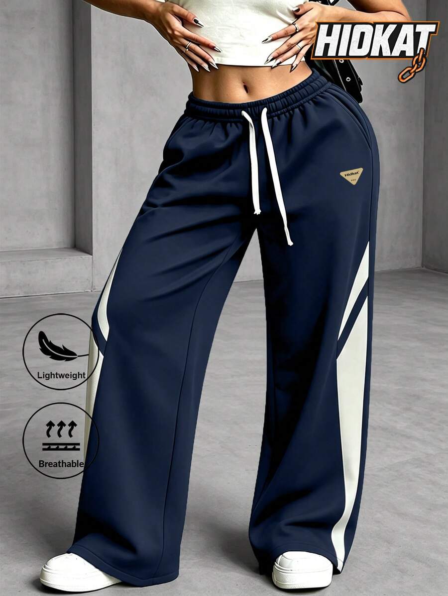 Women's Autumn Colorblock Casual Sports Long Pants With Drawstring Elastic Waistband And Pockets, Lightweight Streetwear Outdoor