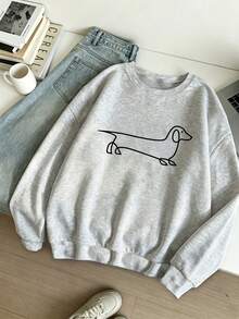 Women's Casual Crew Neck Sweatshirt, Decorated With Minimalist Black Line Dachshund Print, Simple And Versatile, Suitable For Daily Wear - Light Grey - View 3
