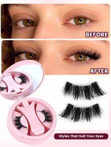 MAANGE 1 Pair Magnetic Eyelashes - Half-Length, Comes With Applicator, Cat Eye Lashes, Extend Eye Tail, Enlarge Eyes, Natural Lashes, Create Exquisite Makeup, No Glue Needed, Pink Packaging, Built-In Mirror, Portable, Suitable For Daily Use, Half Eye Lashes, Strip Lashes, False Eyelashes, Eyelashes - Black - View 6