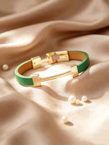 1pc Fashionable Elegant Gold Letter Artificial Leather Personalized Women's Bracelet Bangle Jewelry Gift For Girlfriend - Green - View 4