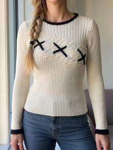 Korean Style Vintage Design Slim Fit Flattering Inner Layer Sweater Women's Autumn Casual Knit Base Top - Apricot - View 4