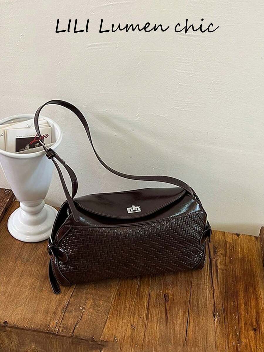 Shoulder Bag, Rich Textured Surface, Rope Knot Details On Both Sides Add Design Sense, Adjustable Shoulder Strap, Supports Underarm, Crossbody And Multiple Carrying Ways. Moderate Capacity, Can Store Basic Personal Items, Vintage Clean Silhouette Suitable For Daily Outings, Shopping And Dating, Creating A Simple And Personalized Outfit Look. - Coffee Brown - View 1