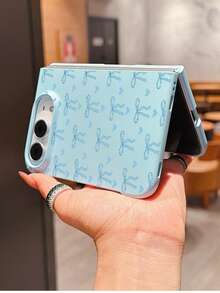 1pc Fashionable Cute Simple Skin Feel PC Material Love Bow Element Folding Phone Case, Can Protect And Prevent Falling For:SamsungGalaxy Z Fold 8/IPhoneDuo - Baby Blue - View 3