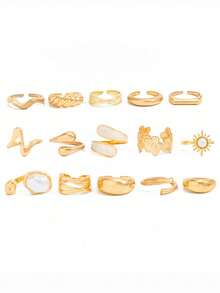 1 Set 15pcs Fashion Sweet Cool Style Sunflower Faux Pearl Metallic Glossy Water Drop Stackable Ring Set Suitable For Women Daily Wear, Vacation, Party - Gold - View 4