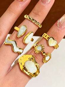 6pcs Fashion Ins Style Vintage Sun Heart Water Drop Wave Twist Geometric Oil Drop Ring Set, Stackable, Suitable For Women's Daily Commute, Party And Vacation Wear - White - View 1