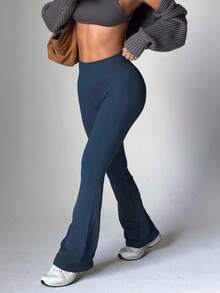 Women Seamless Flare Yoga Pants, High Elastic High Waist Bootcut Leggings Butt Lifting Sports Bell‑Bottom Pants For Gym Workout - Navy Blue - View 5