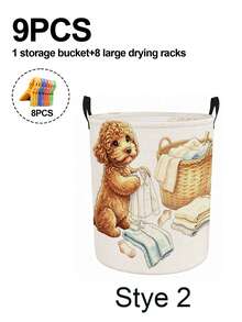 Watercolor Teddy Dog Pattern Design Foldable Laundry Basket With Laundry Clips, Breathable Fabric Dirty Clothes Bin, Bathroom Bedroom Storage Box, Miscellaneous Storage Basket, Suitable For Bathroom Bedroom Living Room, Home Gift - Multicolor - View 12