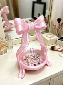 Cute Bow Jewelry Tray, Shiny Pearl Texture Ring & Earring Storage Dish, Bathroom Vanity Aesthetic Decor Organizer Box - Multicolor - View 3