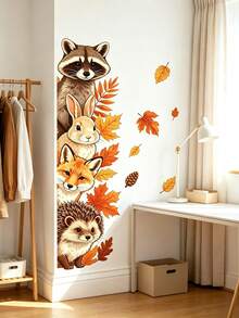 Cute Autumn Forest Animals Vertical Wall Decal, Raccoon Rabbit Fox Hedgehog Autumn Leaves Pine Cone Creative Fun Pattern Wall Sticker Decor For Nursery, Kids Room, Classroom, Bedroom, Living Room Wall, Easy To Apply And Remove High Quality No Glue Adhesive Film, Fall Autumn Atmosphere Decor Sticker - Multicolor - View 4