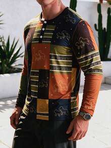 Men's Vacation American Retro Plaid Puppy Print Long Sleeve Henley Shirt - Multicolor - View 3