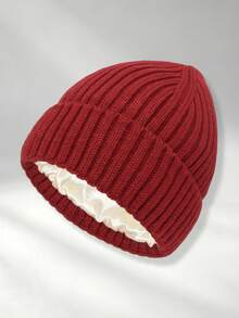 1pc Satin Lining Autumn/Winter Striped Ribbed Warm Knitted Hat, Satin Hair Protection Cold-Proof Woolen Beanie - Ribbed Knit - View 10
