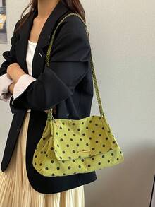Tas Wanita Baru Motif Garis-Garis Polkadot dengan Tali Rantai, Tas Bahu Selempang, Modis dan Serbaguna untuk Perjalanan Sehari-hari dan Belanja. - Hijau - View 3