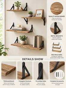 1pc/4pcs Wall Mounted Floating Shelf, Decorative Storage Shelves With Brackets, Bookshelf & Display Rack For Books, Plants, Photos And Small Decor, Space-Saving Wall Shelf For Living Room, Bedroom, Study, Kitchen & Office - Camel - View 4