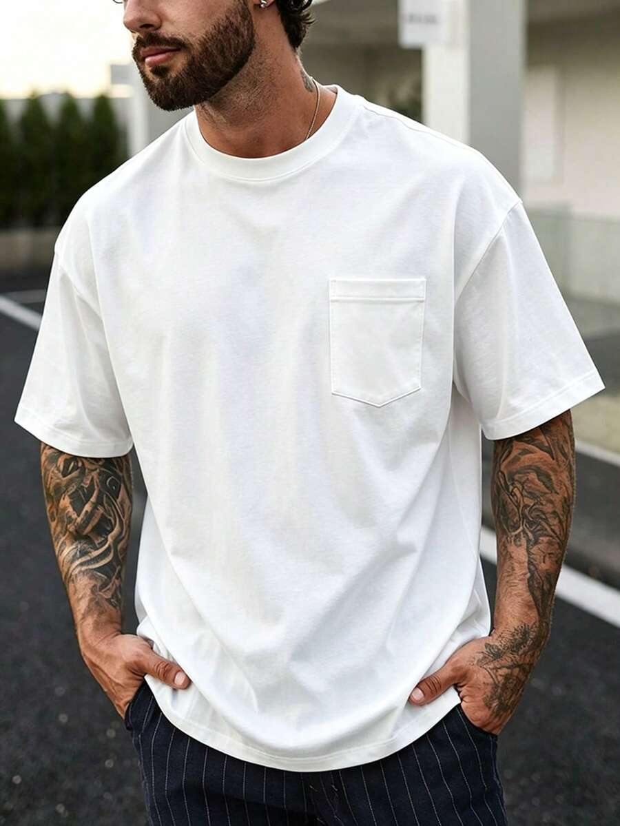 Men's Summer Classic Comfortable Pocket Design Crew Neck Short Sleeve T-Shirt, Fashionable Minimalist Commute Versatile