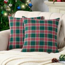 Sarung Bantal Hias Natal Motif Kotak-kotak Tartan Cokelat Vintage, Ukuran 18x18 inci, Set Isi 2 - Sarung Bantal Motif Kotak-kotak Tartan Hijau - View 1