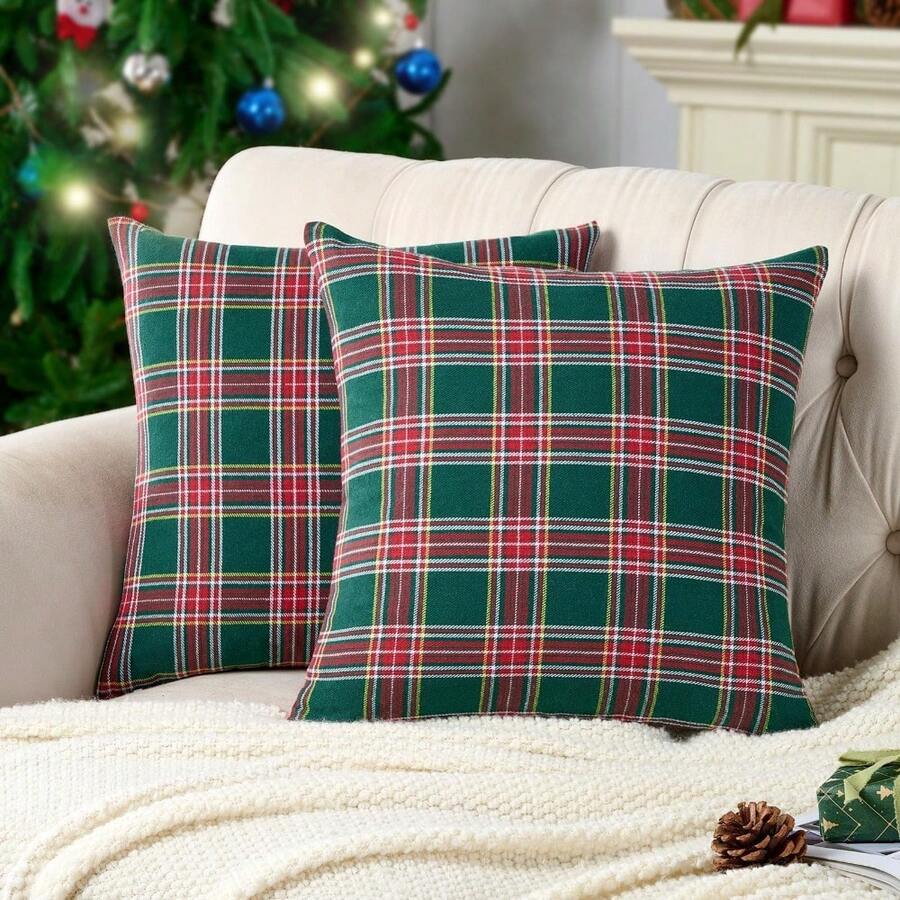 Sarung Bantal Hias Natal Motif Kotak-kotak Tartan Cokelat Vintage, Ukuran 18x18 inci, Set Isi 2 - Sarung Bantal Motif Kotak-kotak Tartan Hijau - View 1