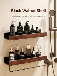 Rak Penyimpanan Dinding Kamar Mandi dari Kayu Walnut, Tidak Perlu Pengeboran, Rak Dinding Toilet & Wastafel dengan Drainase - MultiWarna - View 2