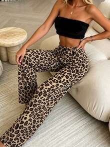 1pc Plush Loose Leopard Print Elastic Waist Long Pajama Pants - Black - View 4
