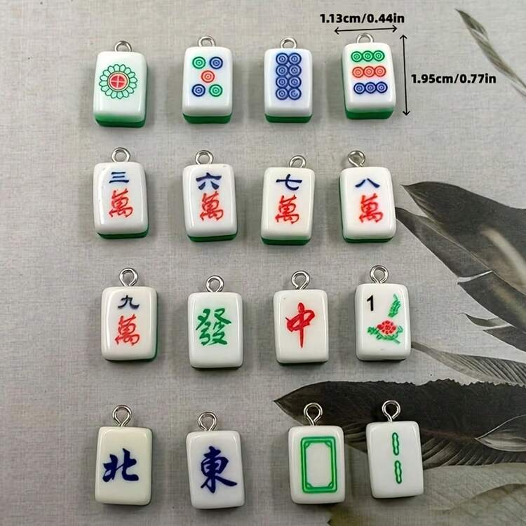 16件隨機創意中國麻將吊墜飾品，珠寶手工配件，新款樹脂方形裝飾吊墜 - 彩色 - 查看 2