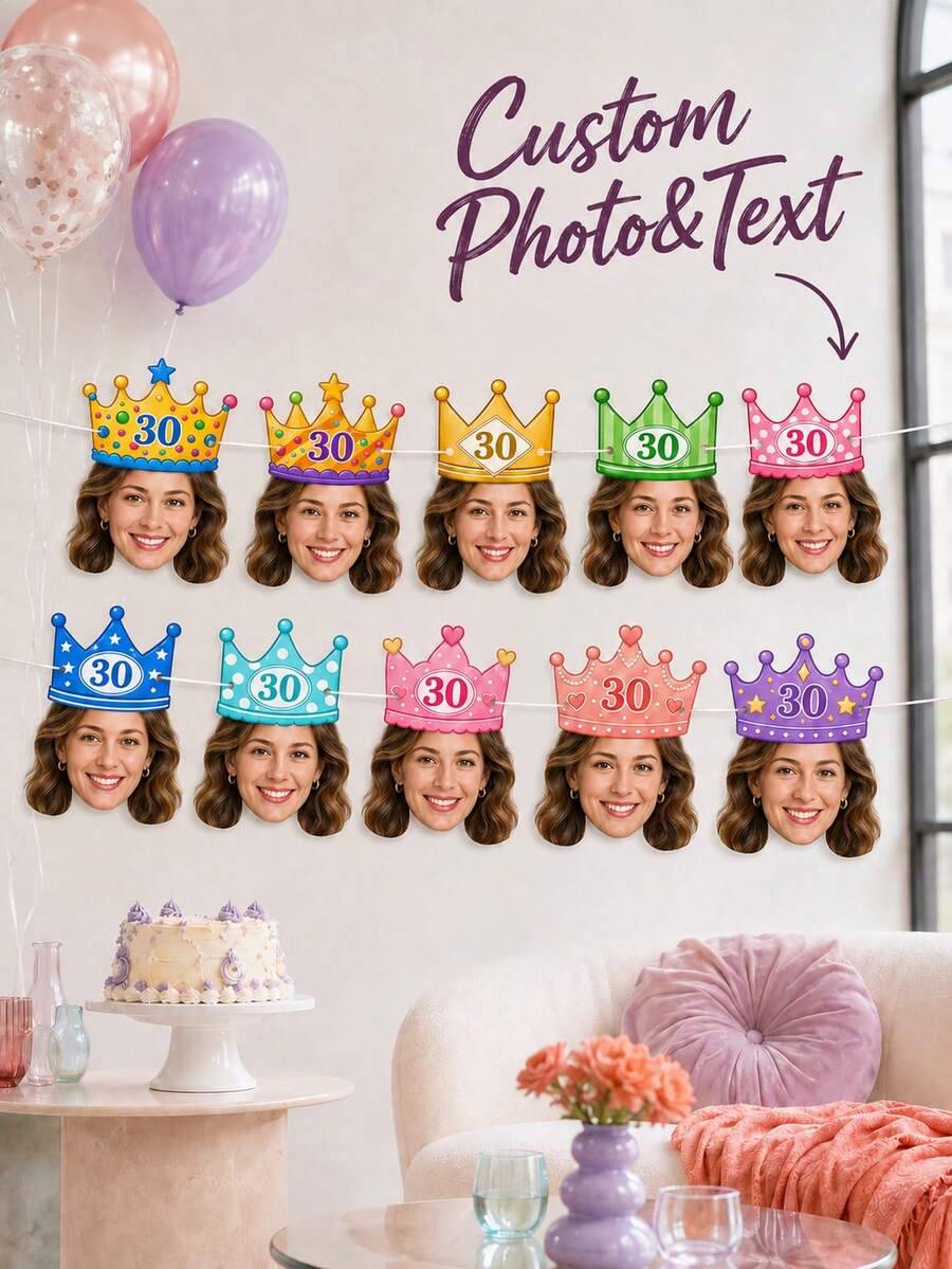8/16/24pc Custom Face Cutout Birthday Banner, Crown Party Hat Face Decor, Photo Face Banner, Personalized Photo Face Bunting, Birthday Party Decorations, Face Garlands - Multicolor - View 1