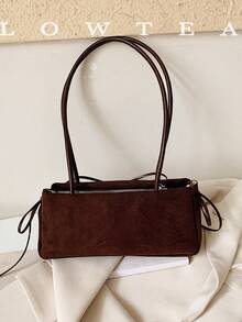 low tea 1pc Fashion Square Baguette Suede Fabric Shoulder Bag, Suitable For Commuting, Shopping And More - Coffee - View 5