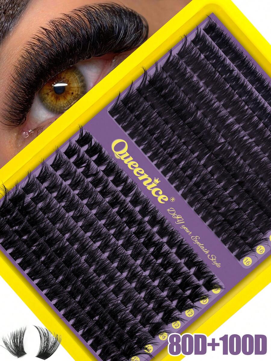 Queenice 80D & 100D Thick Fluffy Individual Lash Clusters, Mixed 9‑16mm D Curl Segmented False Eyelashes, DIY Home Eyelash Extensions, Lightweight Reusable Synthetic Volume Lashes, Single Tray Pack, Dramatic Eye Look For Dating, Party, Wedding & Daily Makeup - D - View 1