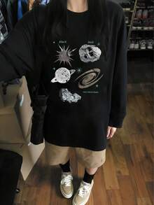 女款時尚秋冬寬鬆百搭圓領休閒字母卡通印花長袖T恤 - 黑色 - 查看 1